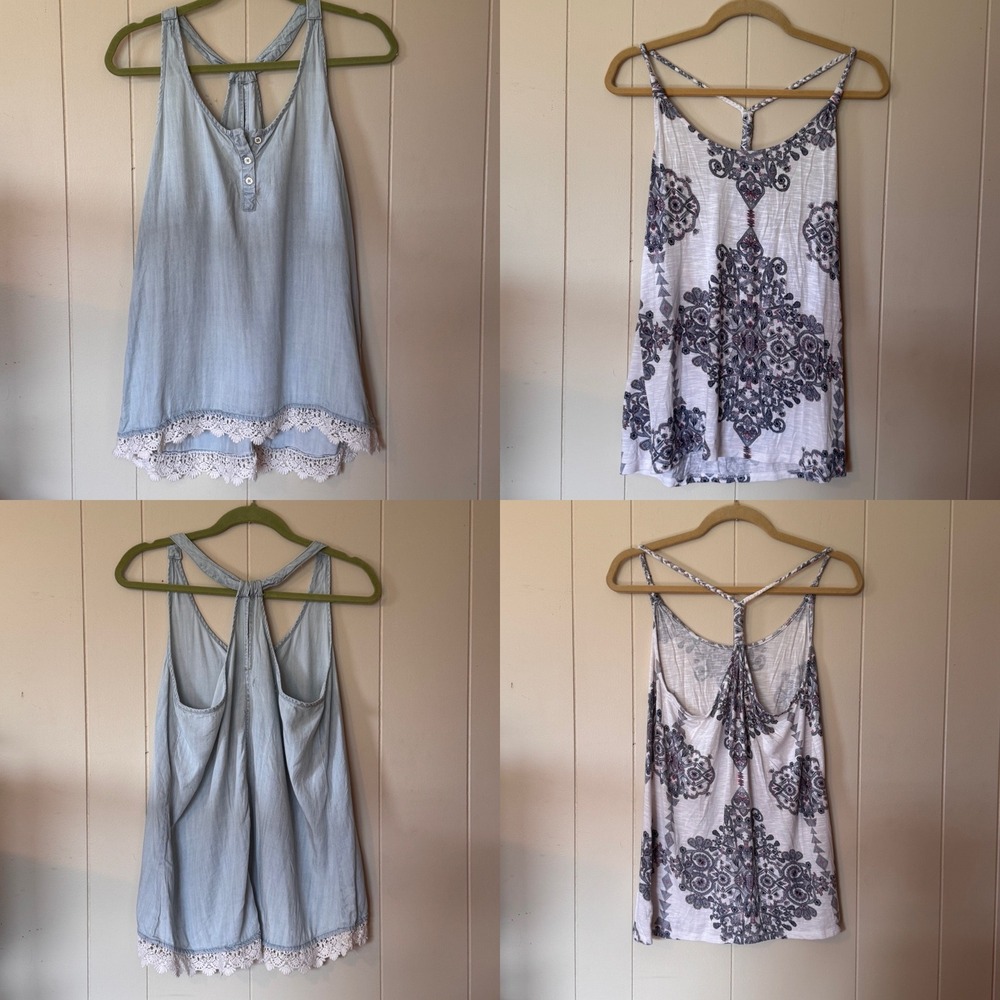 Maurices Womens Medium Tank Top Bundle 2pc Chambray Lace‎ Medallion Print Boho